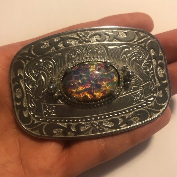 VTG Glass Opal Simulated Cabochon Floral Etched Silver Tone Buckle 2.8” x 1.7” - Picture 5 of 7